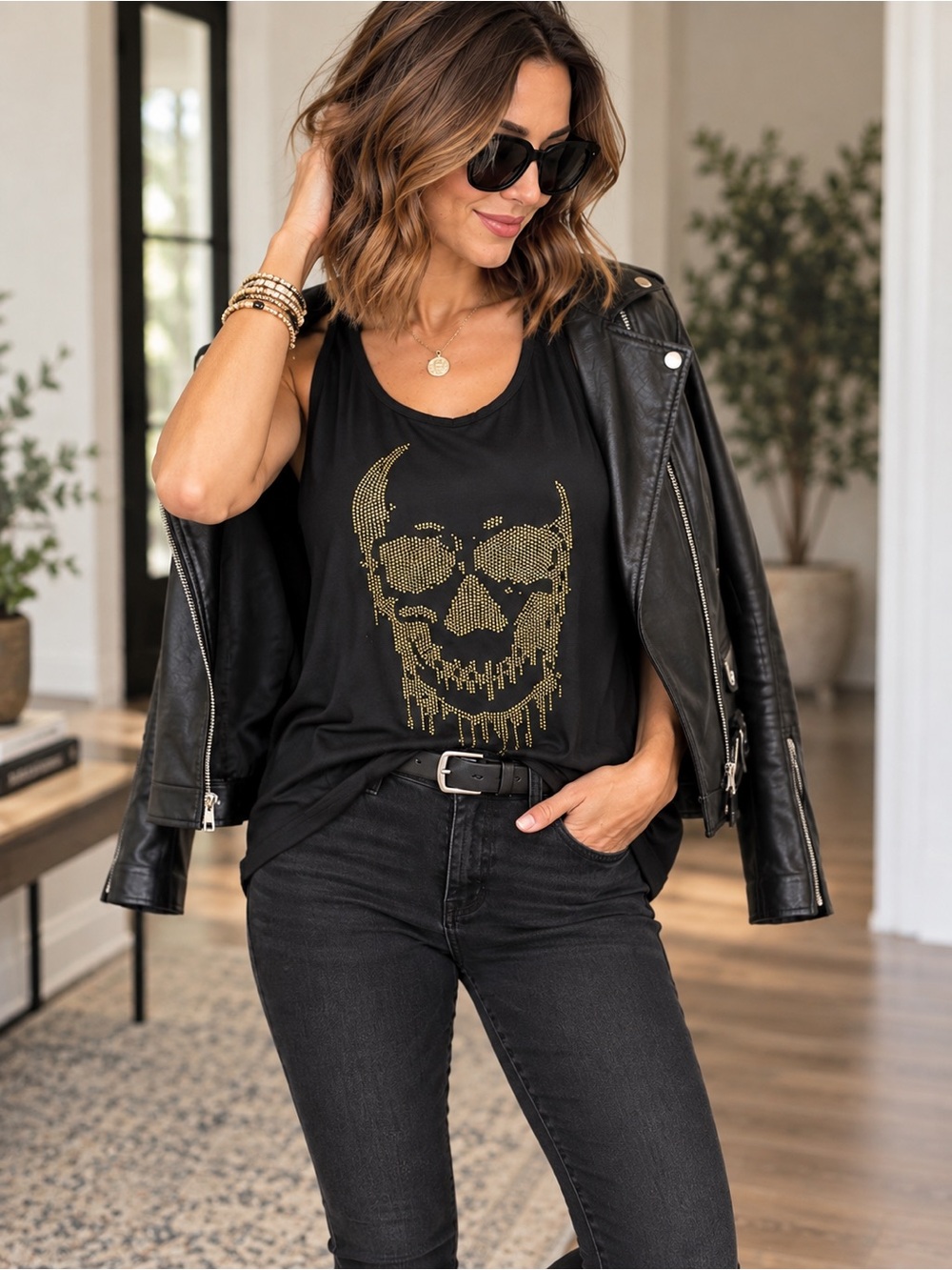 Vocal Black Gold Rhinestone Skull Tank Top Size L